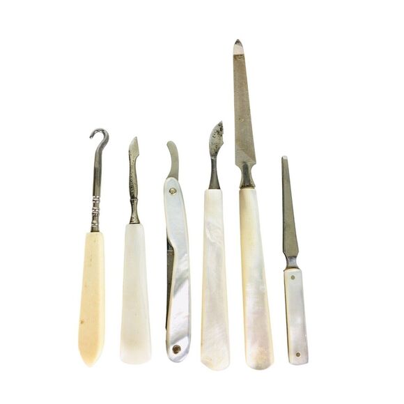 Antique 20s Mother of Pearl Bakelite Celluloid Manicure Set In Leather Case - Picture 2 of 9